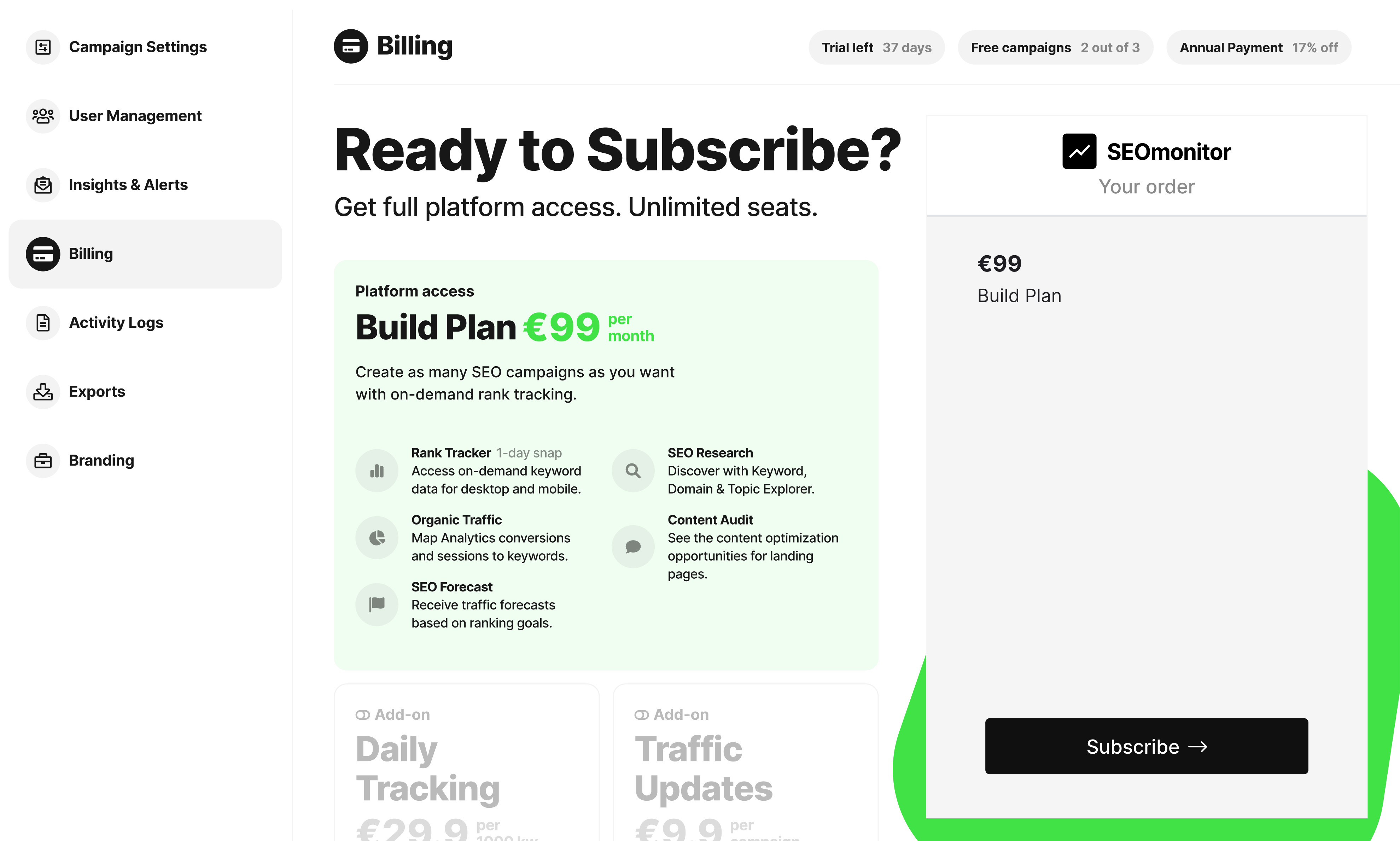 SEOmonitor billing section
